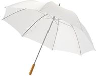 30" Karl-golfsateenvarjo puukahvalla, valkoinen liikelahja logopainatuksella